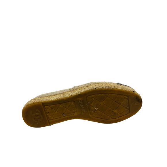 CHANEL Beige Black CC Toile Canvas Sequin Espadrilles Flats Size 37 US 7 - Picture 7 of 9